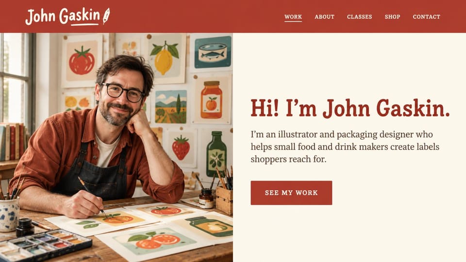 Portfolio website design, packaging illustrator with a friendly portrait: cream page, a red navigation bar, a man at a desk of painted food labels and a red see my work button