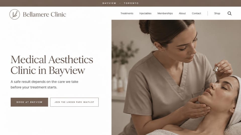Spa website design, aesthetics clinic opening a second location: taupe top bar, white page with a brown serif headline and a taupe button beside an esthetician in scrubs applying serum to a reclining client