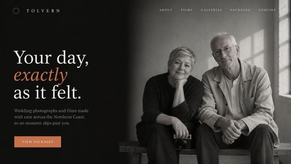 Wedding photographer website design, photo and film duo introduced by a black and white portrait: near-black page, a cream serif headline with one terracotta italic word, a terracotta packages button, a large black-and-white portrait of an older man and woman seated with a camera