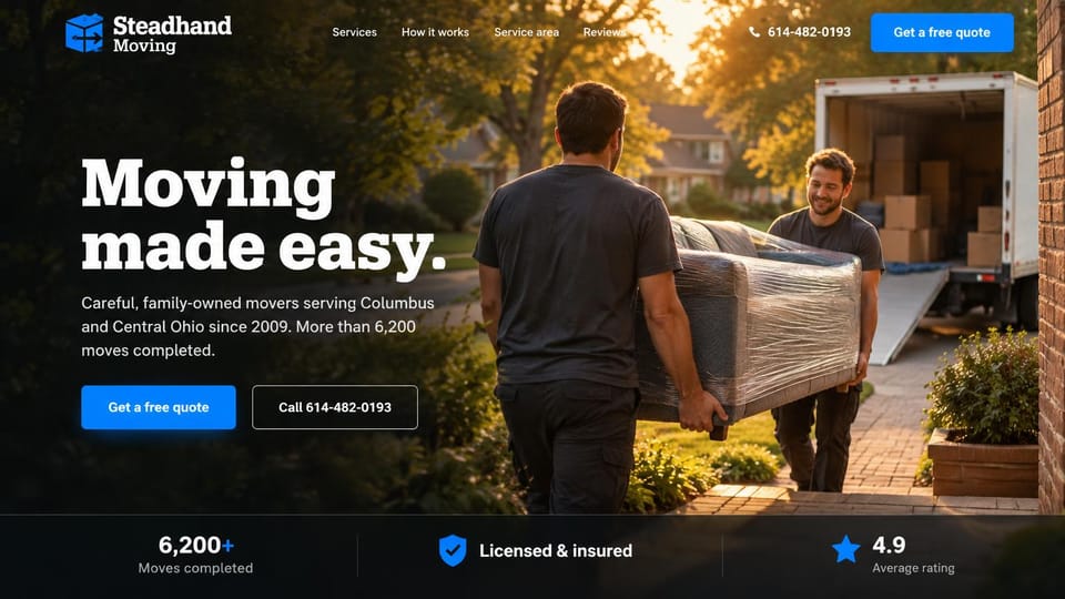 Moving company website design, local movers in warm evening light: dark warm photo of two movers carrying a wrapped sofa toward a truck at sunset, a large white headline, blue and outlined buttons, a stats strip along the bottom