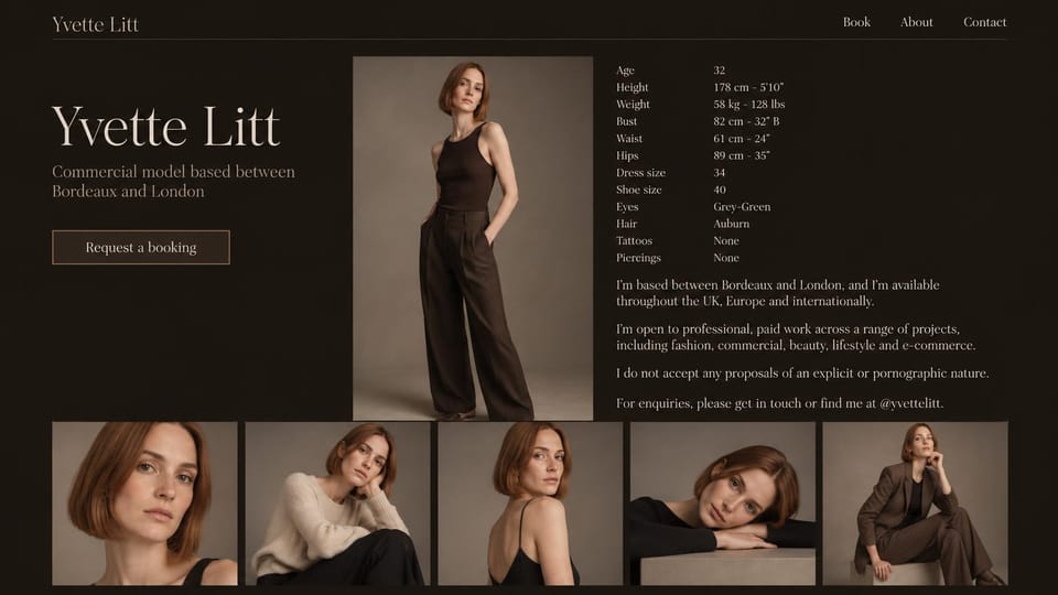 Model portfolio website design, commercial model between two cities, warm and dark: dark brown page, a large cream serif name, an outlined booking button, a red-haired woman in brown and five photos below