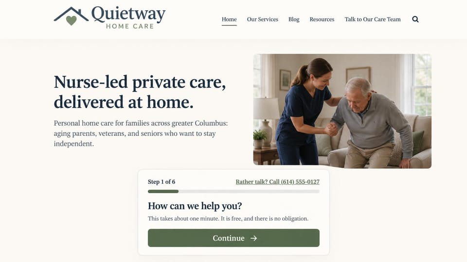 Home care website design, nurse-led private care with a step-by-step care form: cream page, a dark navy serif headline, a photo of a nurse helping an older man stand, a white form card with a progress bar and a green continue button
