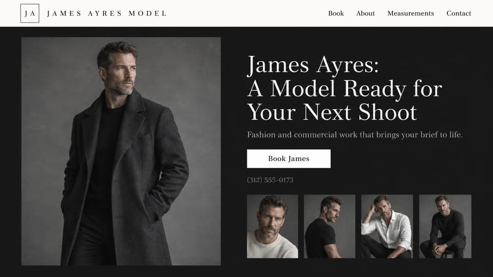 Model portfolio website design, mature male model ready for commercial shoots: near-black page under a white header, a man with a graying beard in a charcoal coat, a cream serif headline, a white booking button and four photos below