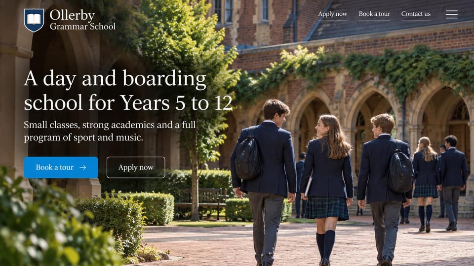 School website design, day and boarding school under a Gothic arcade: students in blazers walking under an ivy-covered Gothic arcade, a white serif headline, a blue tour button