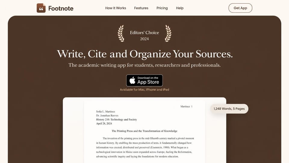 Mobile app website design, writing app in warm brown: chocolate brown panel, cream serif headline, an App Store badge and a white paper preview