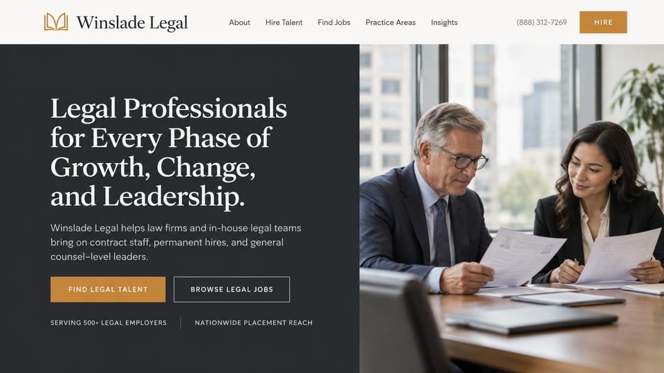 Recruiting website design, legal staffing with a charcoal and gold panel: light menu bar, a charcoal panel with a white serif headline and a gold and an outlined button beside two lawyers reading documents