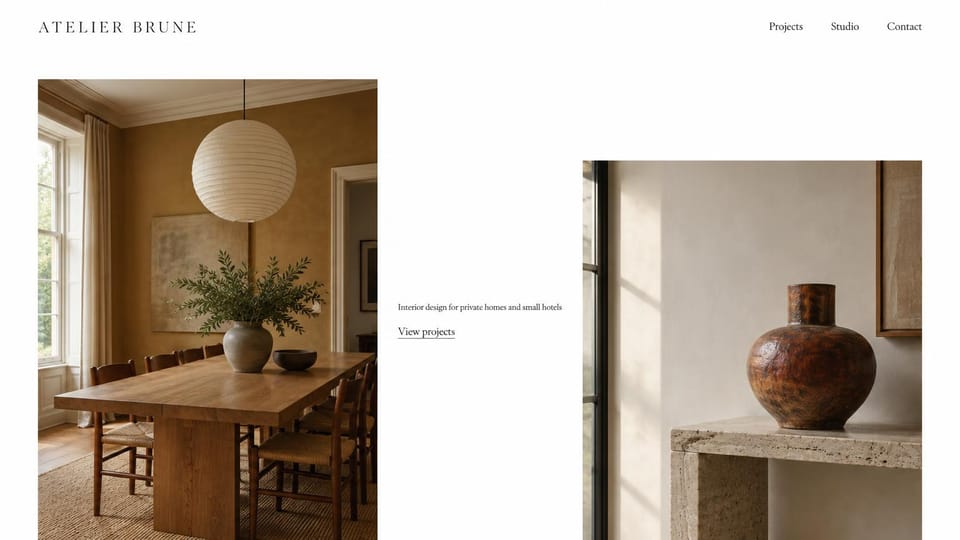 Interior design website design, quiet editorial portfolio with offset photos: white page with two offset photos, an ochre dining room under a paper lantern and a clay vase on a travertine console