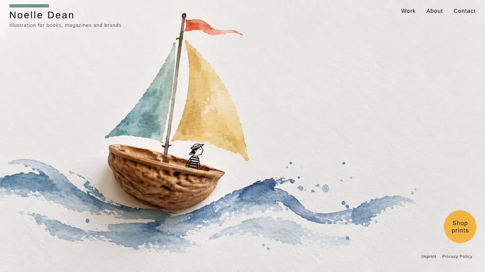 Artist website design, watercolor illustration with a print shop: off-white page, a watercolor of a tiny boat in a walnut shell on blue waves, a yellow shop prints badge