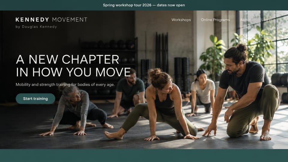 Personal trainer website design, mobility and strength coaching for every age: dark teal top bar, a sunlit studio where a coach guides people of different ages through floor stretches, white capitals