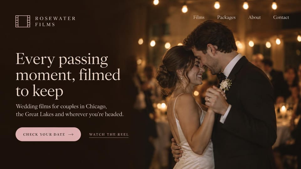 Videographer website design, wedding films by candlelight: deep brown page, cream serif headline, a couple slow dancing under string lights, pink pill button