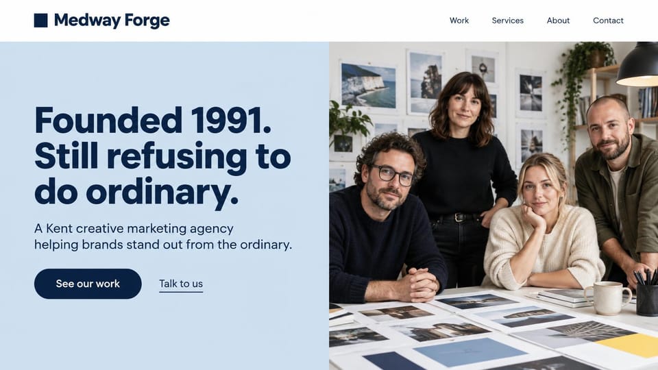 Business website design, established regional agency with a team portrait: pale blue panel with a large navy headline, a navy button and a text link, four colleagues posing at a table of photo prints