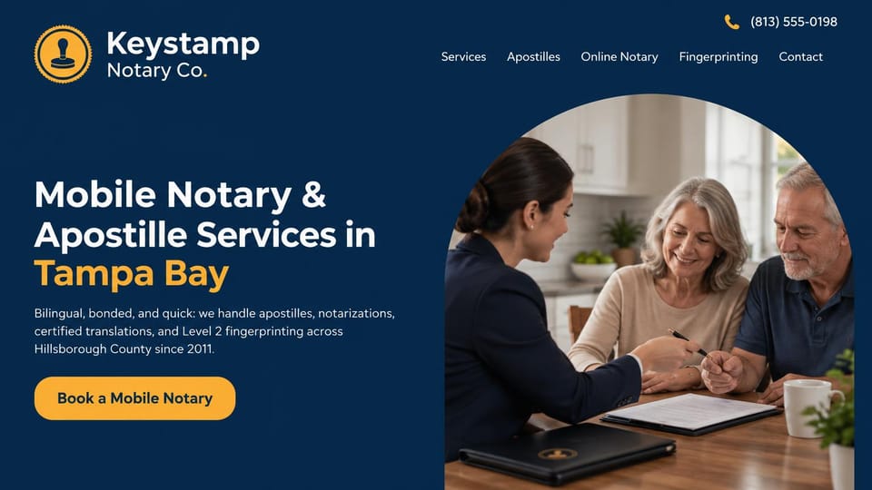 Notary website design, bilingual notary and apostille in an arch: navy page, a white and gold headline, a gold button, an arched photo of a notary with an older couple at a kitchen table