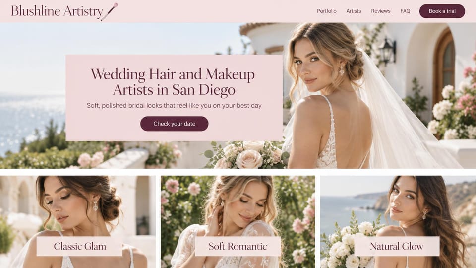 Makeup artist website design, wedding hair and makeup team with three looks: pink panel over a photo of a bride by the sea, three photo cards labeled with looks below, a plum button