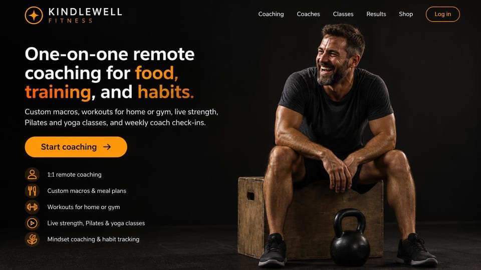 Personal trainer website design, remote nutrition and training coaching with an icon list: black page, a white headline with orange highlights, an orange start button, a list of five services with orange icons, a laughing bearded man sitting on a wooden box with a kettlebell