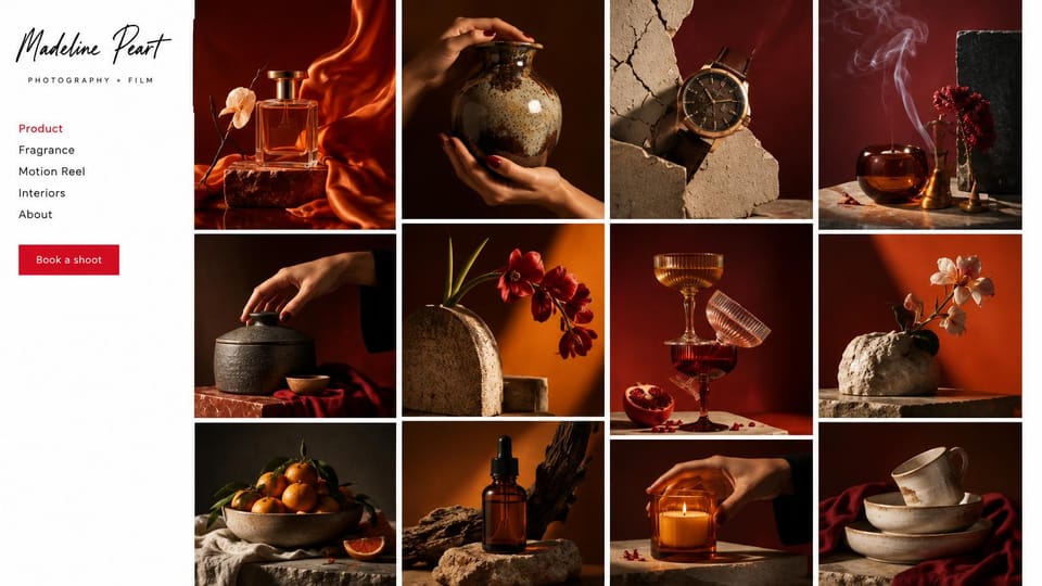Photography website design, product and fragrance in a dense grid: white sidebar with a red book a shoot button beside a grid of rust and burgundy product still lifes