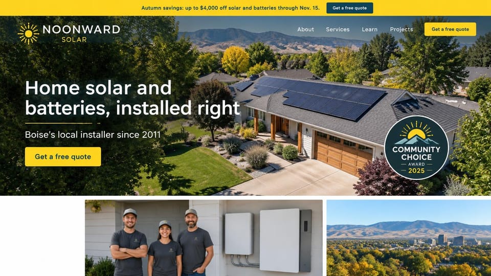 Solar website design, home solar and batteries over an aerial neighborhood photo: yellow offer bar, an aerial photo of a ranch home with rooftop panels and hills behind, a white headline, a yellow quote button, a round award badge, photos of a smiling crew beside a wall battery and a city view below