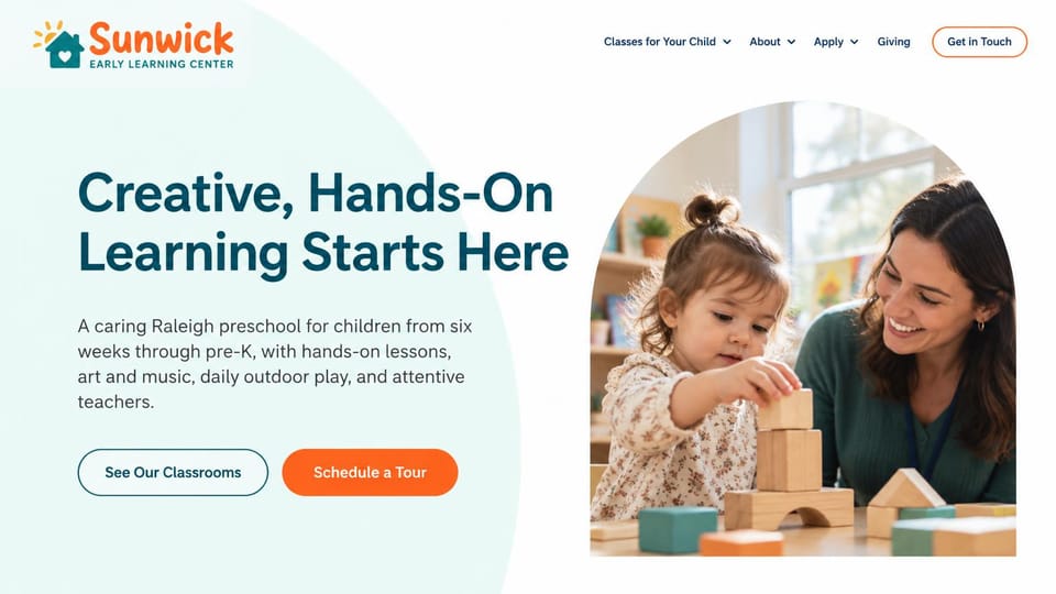 Daycare website design, hands-on preschool with an arched photo: white page with a mint arc, dark teal bold headline, an arched photo of a toddler stacking blocks with a teacher, orange button