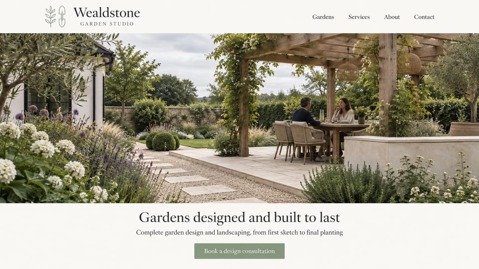 Landscaping website design, garden studio with the headline below the photo: cream page, a wide photo of a pergola terrace with a couple dining, a centered charcoal serif headline and a sage button