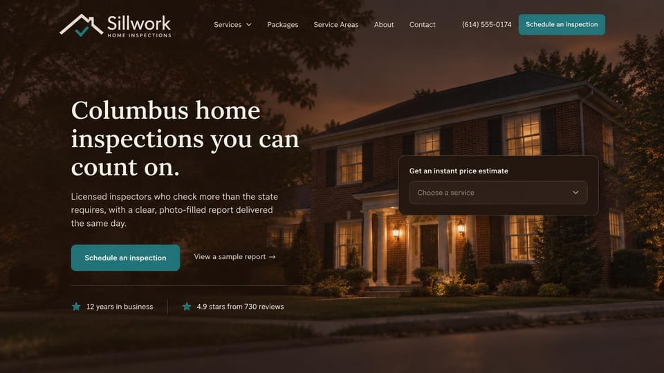 Home inspector website design, instant price estimate over a dusk house: dark brown overlay on a brick colonial at dusk, cream serif headline, a teal schedule button, a dark estimate card with a service dropdown