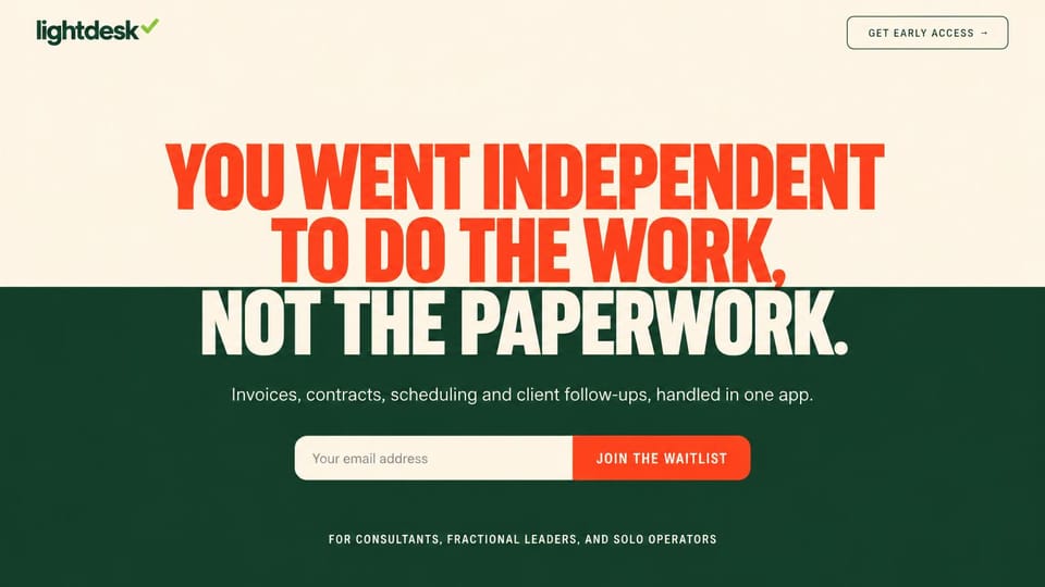 Coming soon website design, freelancer software waitlist in giant type: cream top half and deep green bottom half, an oversized condensed headline in red and cream across both, an email field with a red waitlist button