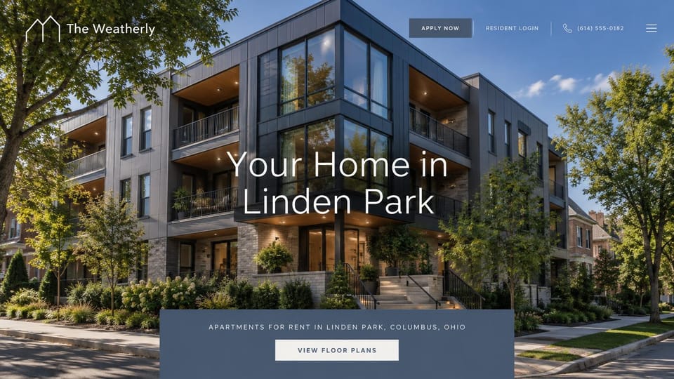 Apartment website design, neighborhood building on a leafy street: dark modern four-story building on a leafy street, large white centered sans headline, a slate blue box with a floor plans button