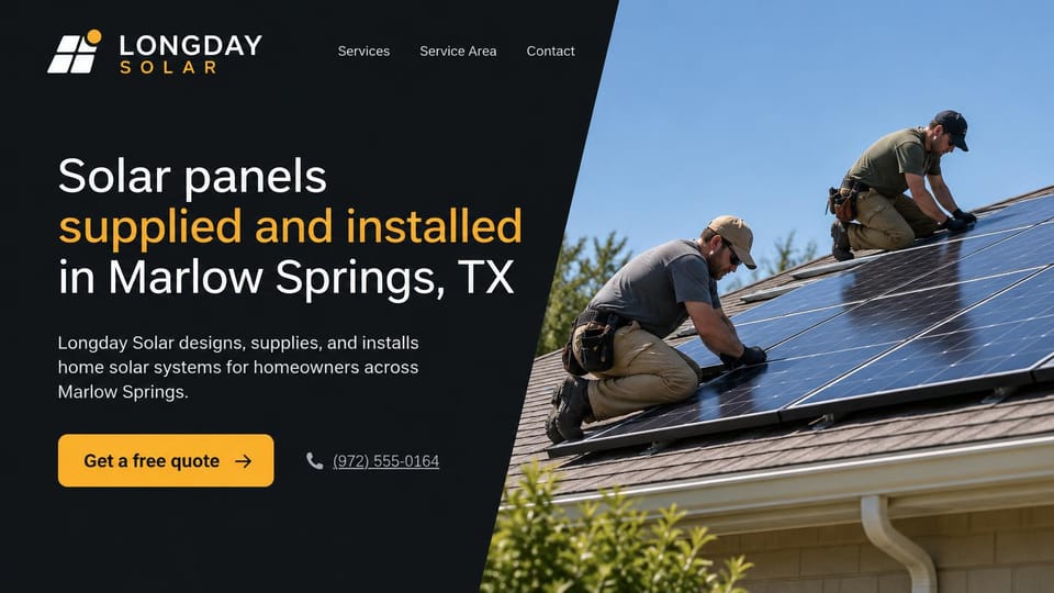 Solar website design, home solar for one town, in black and amber: near-black panel with a slanted edge, a white and amber headline, an amber quote button and phone link beside a sunny photo of two installers laying panels on a shingle roof