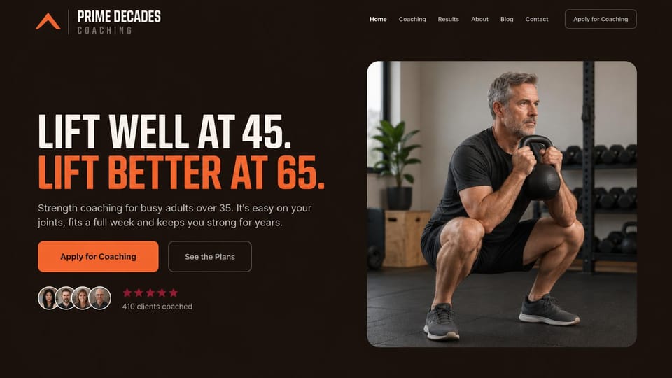 Personal trainer website design, joint-friendly lifting for midlife adults in white and orange: dark brown page, a bold condensed white and orange headline, an orange apply button and an outlined plans button, client photos and red stars, a rounded photo of a gray-haired man in a kettlebell squat