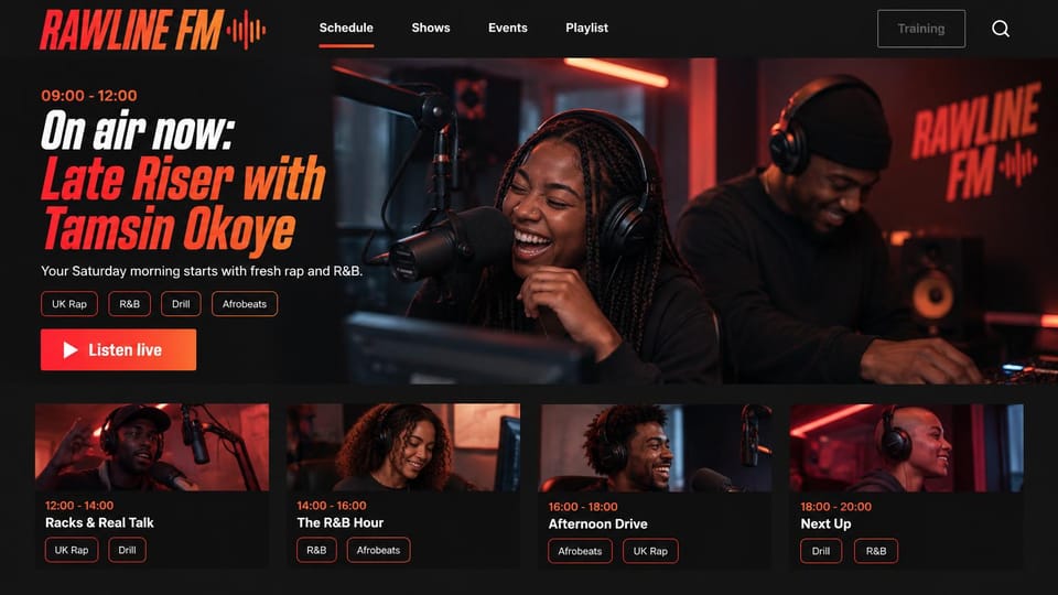 Radio station website design, hip hop and R&B radio with the day's lineup: black and red, an italic condensed headline naming the show on air beside a laughing presenter at a microphone, four presenter cards below
