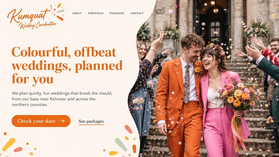 Wedding planner website design, offbeat wedding planner in bright orange and pink: cream page with a wavy edge and confetti shapes, a large orange serif headline, an orange date button, a laughing couple in orange and pink suits under falling confetti on stone steps