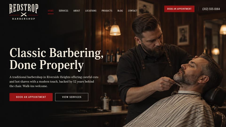 Barbershop website design, classic barbershop with the phone in the header: dark wood shop with a barber trimming a reclined client's beard, a cream serif headline, a red book button and the phone number at top right