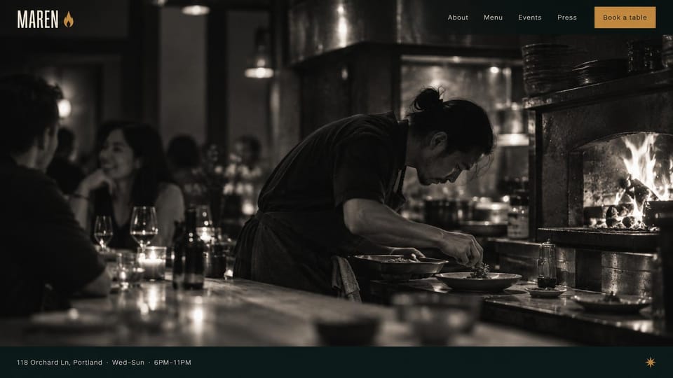 Restaurant website design, chef-driven kitchen in black and white: black and white photo of a chef plating beside a wood fire, gold booking button, dark green info bar