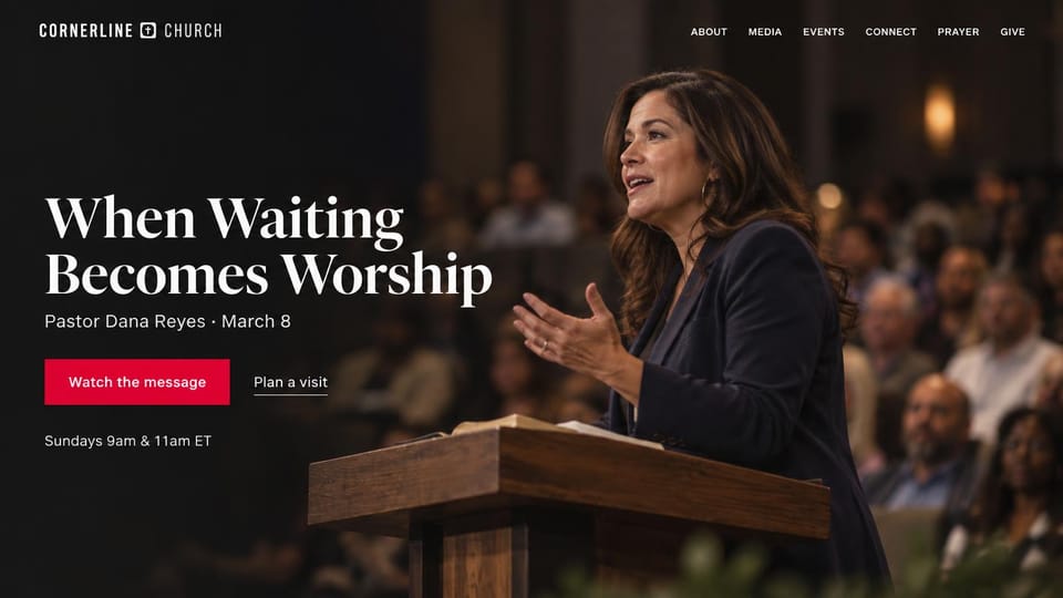 Church website design, church led by the pastor's latest message: a pastor preaching at a wooden pulpit, white serif headline and a red watch button on black