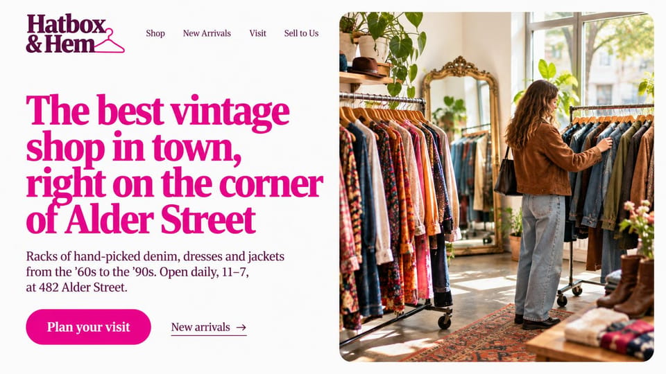 Fashion website design, vintage shop with a big pink headline: white page with a huge magenta serif headline beside a photo of a woman browsing colorful racks in a sunny vintage shop