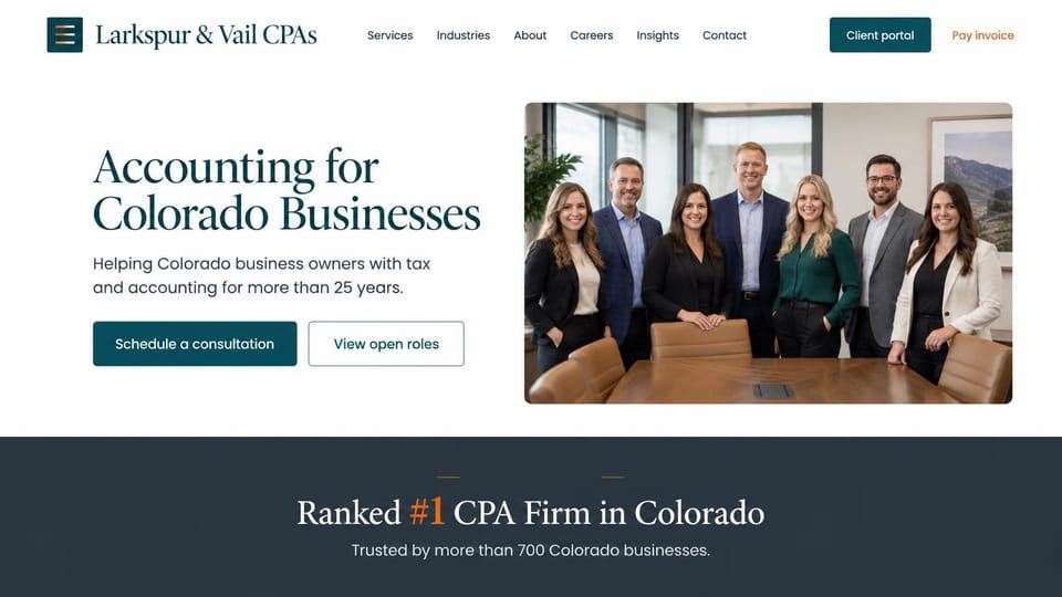 Accounting website design, local CPA firm with a team photo: white page, a deep teal serif headline and button, a team of accountants in a conference room and a dark band below