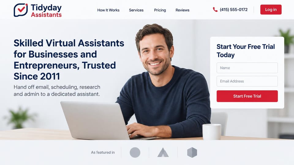 Virtual assistant website design, vA agency with a free trial form beside the hero: pale gray page, a navy headline, a smiling man at a laptop, a white signup card with a red button, a row of gray abstract marks below