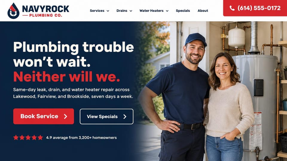 Plumbing website design, same-day plumbing with a specials button: white header with a navy and red logo and a red phone tab, a navy panel with a white and red headline, a red book button and outlined specials button, red stars, a plumber and a homeowner beside a water heater