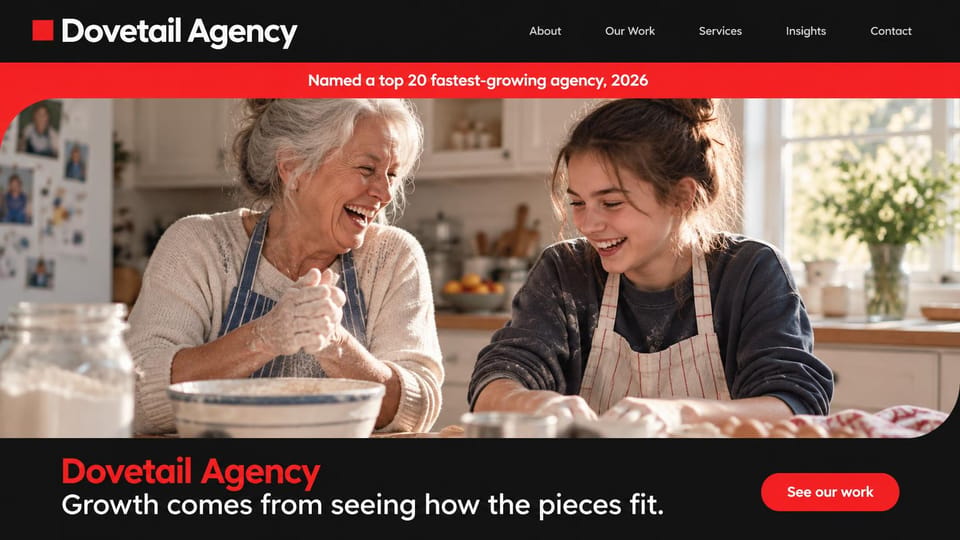 Marketing agency website design, growth agency with a warm client photo: black page, a red banner, a grandmother and granddaughter baking in a sunny kitchen and a red button