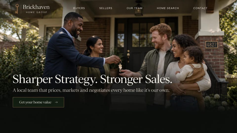 Real estate website design, seller's team handing over the keys: dark green and charcoal, an agent handing keys to a family on a brick porch, a white serif headline