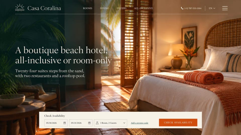 Hotel website design, beach hotel with two ways to book: a warm bedroom with shutters and palms behind a cream serif headline and an orange booking form