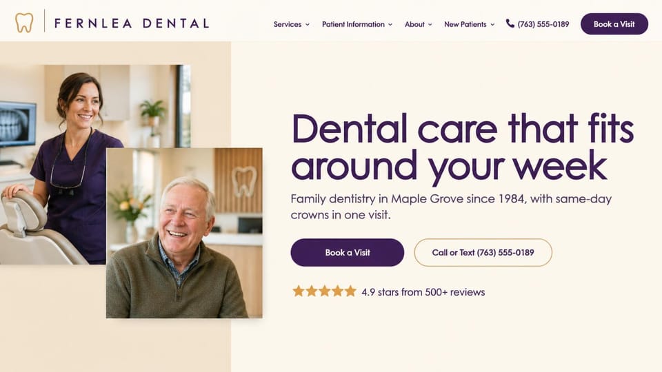 Dental website design, family dentist with overlapping portraits: cream and deep purple, a dentist and an older patient in overlapping photos beside a bold headline