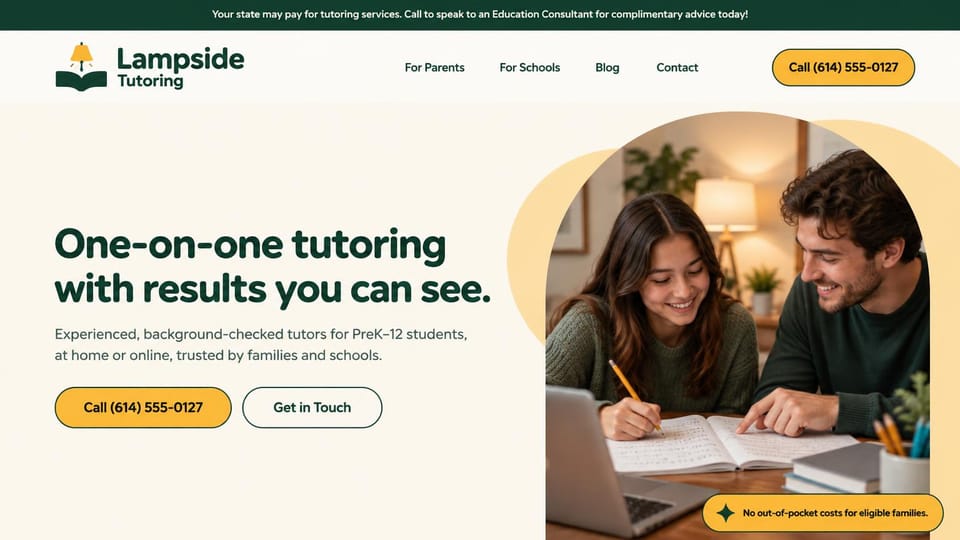Tutoring website design, home and online tutoring with funding help: dark green top banner, cream page, a dark green headline, yellow call buttons, an arched photo of a tutor helping a smiling girl with a workbook