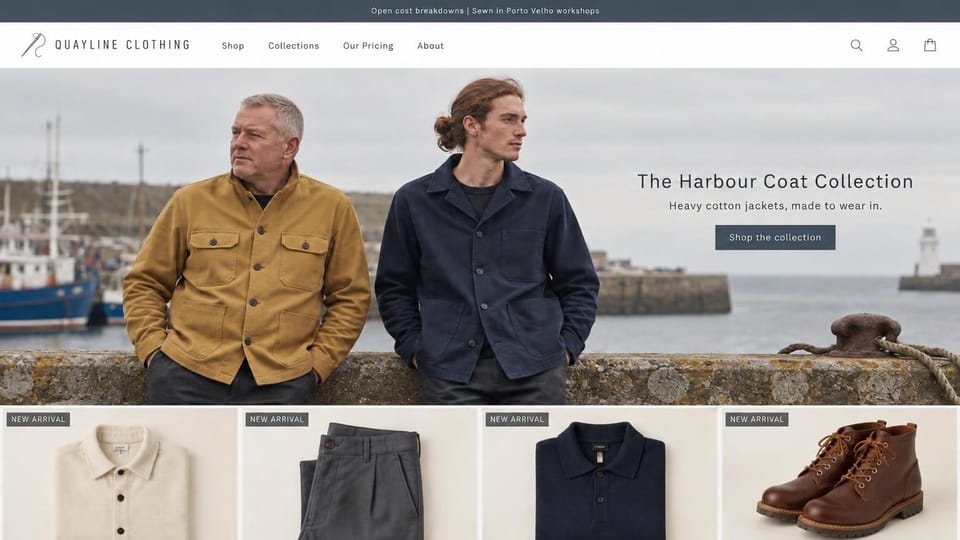 Fashion website design, harbor coats with new arrivals right below: slate top bar, two men in mustard and navy chore jackets on a harbor, a white serif headline and a row of four new arrivals on white below