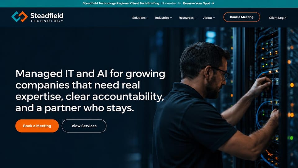IT company website design, managed IT with a technician at the rack: dark navy page, teal top banner, white headline, orange and outlined buttons, a technician working at a lit server rack