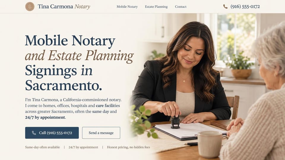 Notary website design, mobile notary for estate planning signings: cream page, a large navy serif headline with a brown italic line, a navy call button and an outlined message button, a notary stamping papers for an older woman at a sunny kitchen table