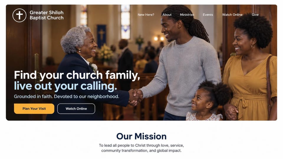 Church website design, baptist church centered on church family: a congregation greeting in the aisle inside a rounded photo, white and gold headline, a mission section below