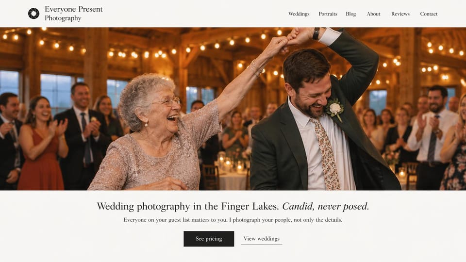 Wedding photographer website design, candid wedding photographer who centers family: off-white page, a wide photo of a grandmother twirling the groom on a barn dance floor, centered serif headline with an italic phrase, black button