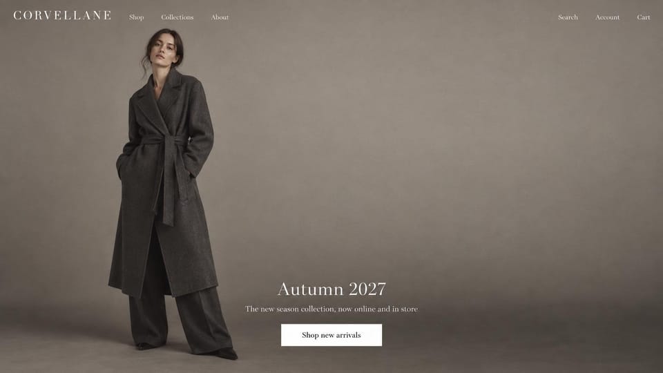 Fashion website design, minimal womenswear on a soft taupe backdrop: taupe studio photo of a woman in a long charcoal belted coat, a thin serif logo and a centered white serif headline at the bottom
