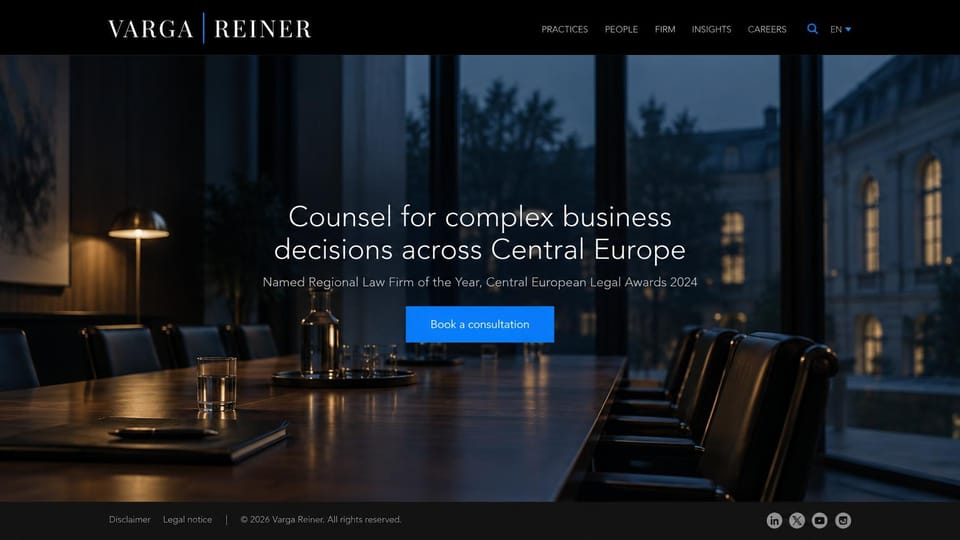 Law firm website design, business law, dark and minimal: black and electric blue, an empty conference room behind a centered headline