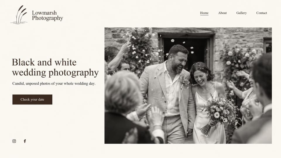 Wedding photographer website design, black-and-white wedding photographer, simple and warm: warm off-white page, a dark serif headline and a brown button on the left, a sepia photo of a laughing couple leaving through confetti on the right