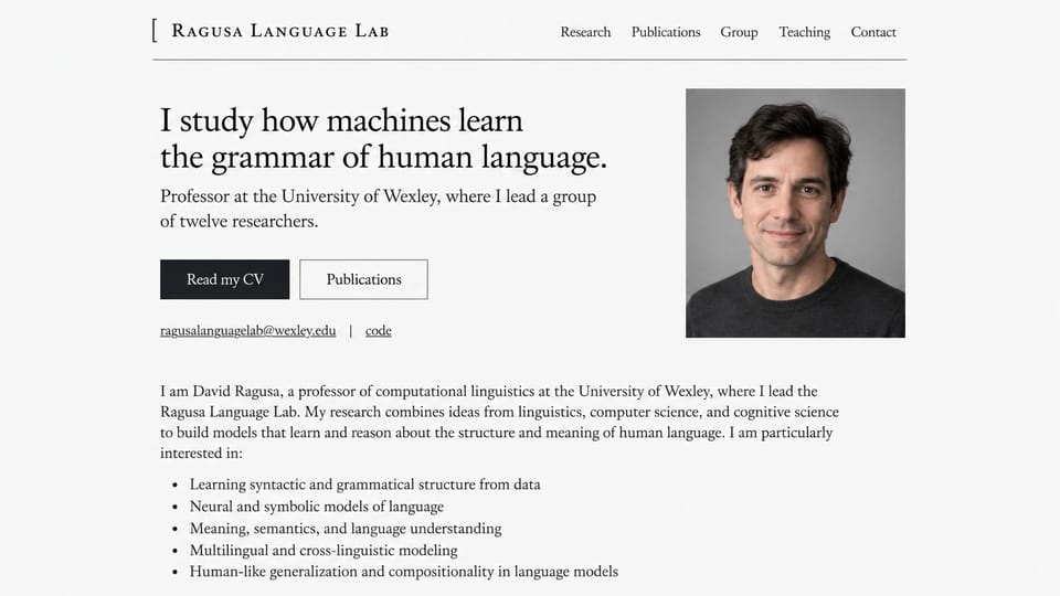 Resume website design, computational linguist with a list of interests: white page, a charcoal serif headline, a black read my CV button, an outlined publications button, a black and white portrait of a man and a bulleted list